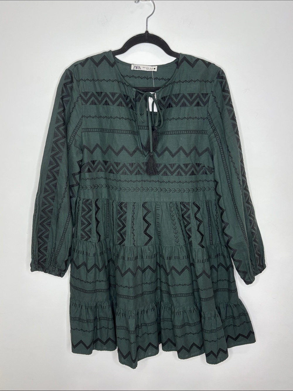 Zara Dark Green Long-Sleeve Embroidered Tiered Dress